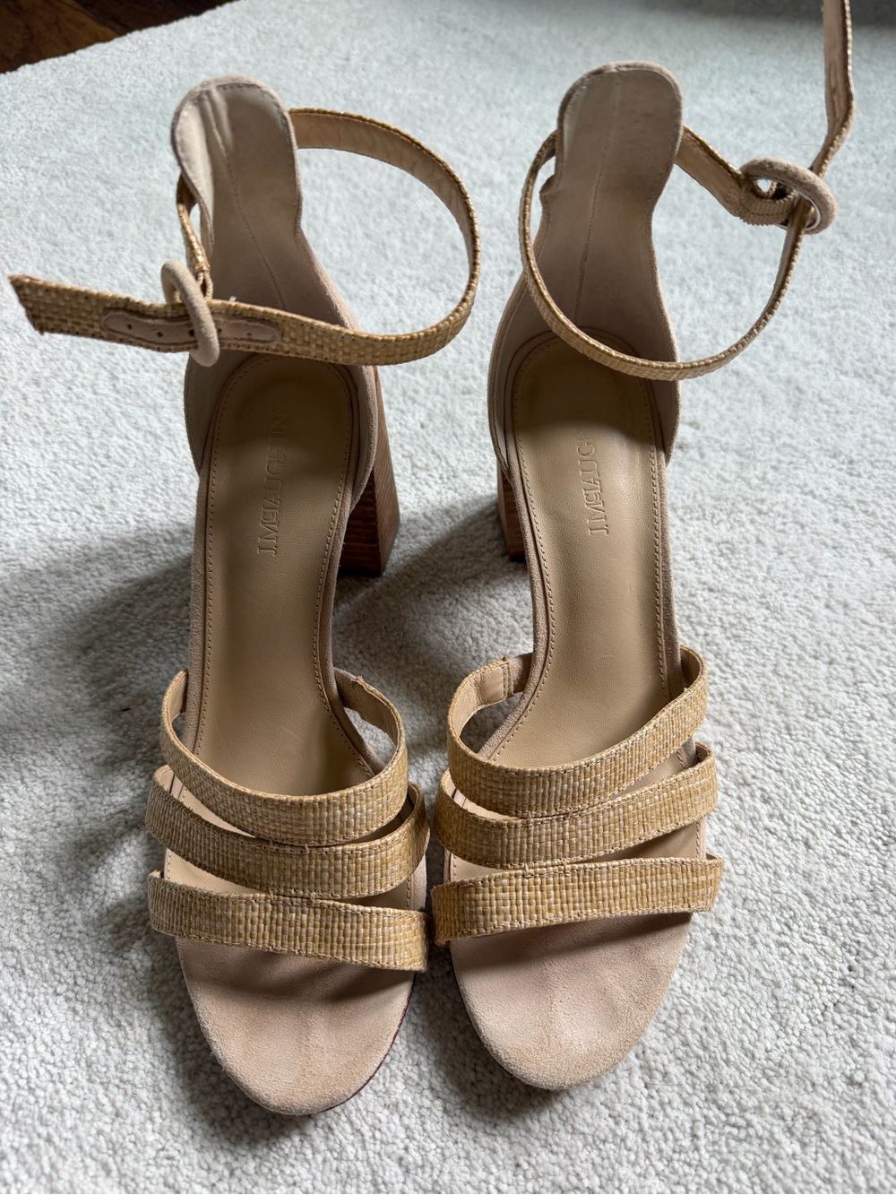 J McLaughlin Block Heel Ankle-Strap Sandals in Natural Beige